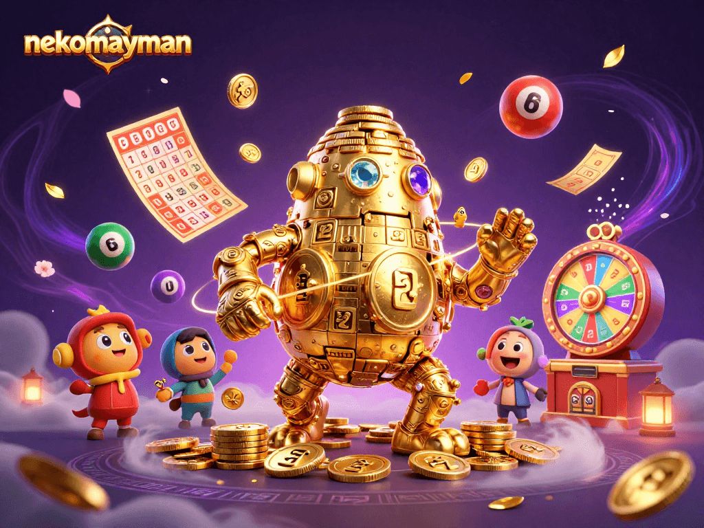 Experience thrilling gaming adventures with nekomayman, featuring a dynamic, gold-coin golem and vibrant casino elements.
