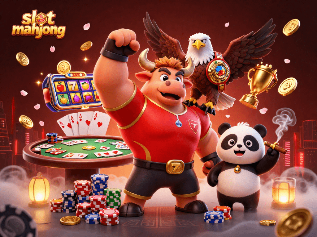 Experience excitement with slot mahjong featuring vibrant slot reels, a bull mascot, and casino elements.