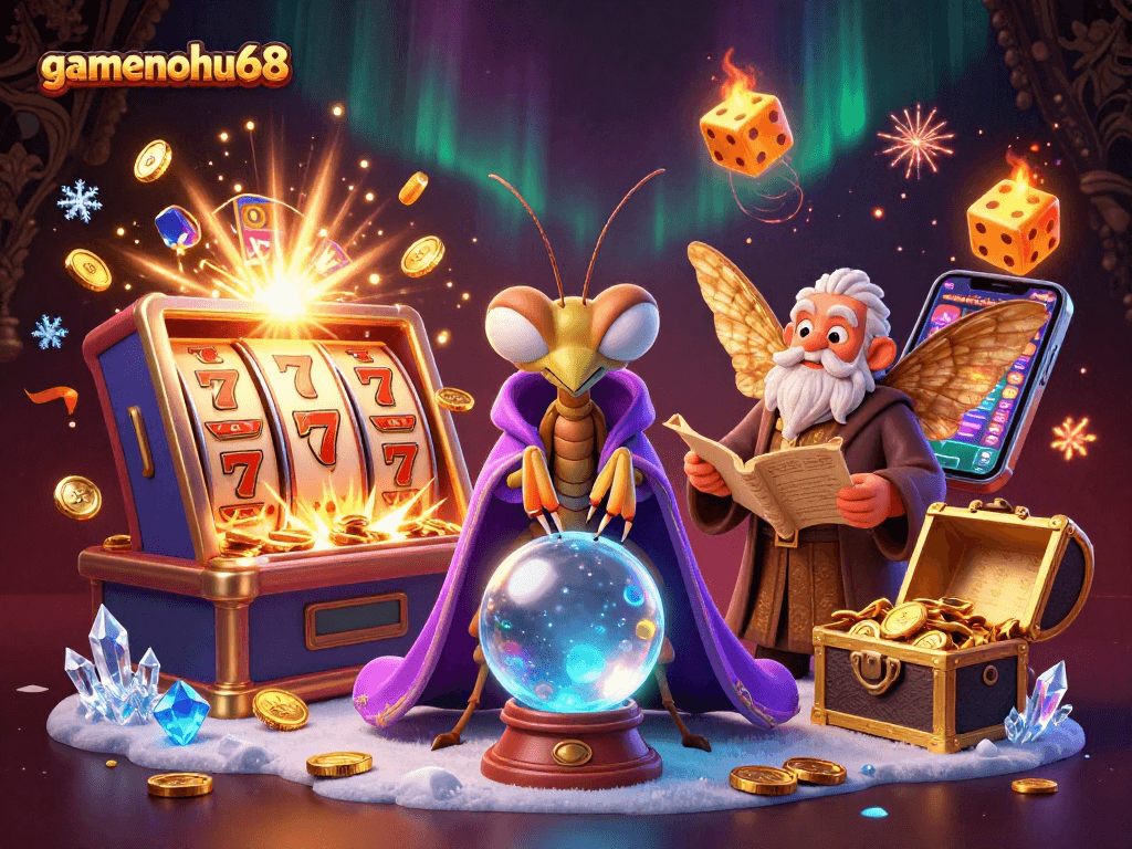 Experience winning slots at gamenohu68 with cartoon characters in a vibrant casino scene.