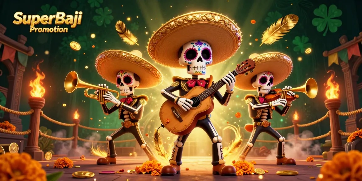 Experience exciting SuperBaji Promotions with colorful mariachi skeletons amidst a vibrant casino scene.