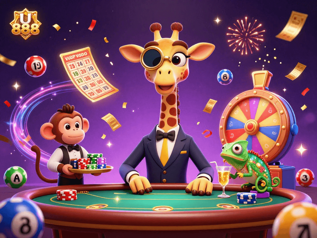 Catch the excitement at U 888 with a high-roller giraffe and vibrant lottery games in this 3D casino scene.