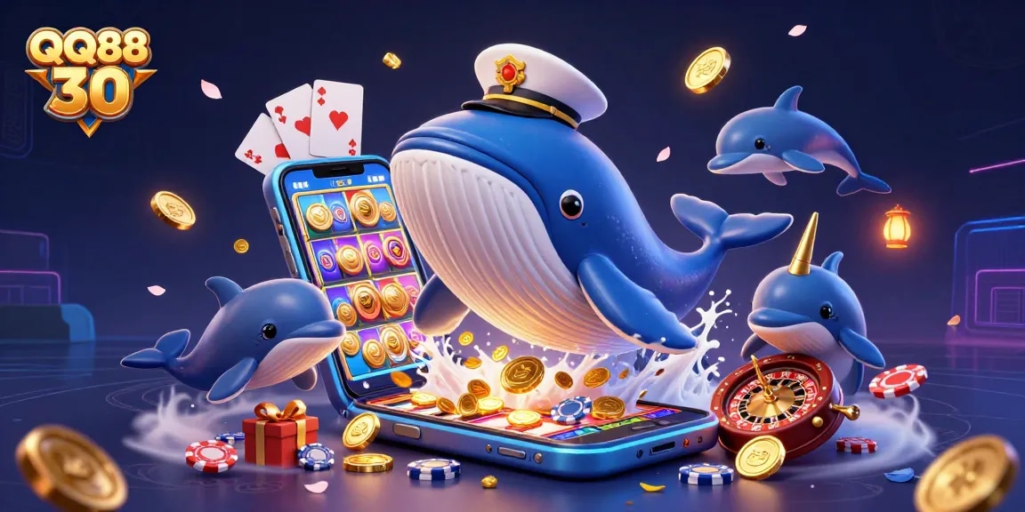 Experience exciting rewards with QQ88 30 as the whale captain breaches through coins amidst vibrant casino elements.