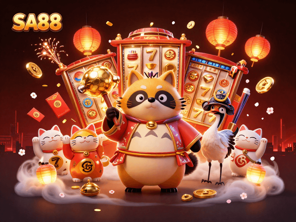 Experience winning with SA88, featuring a cheerful tanuki in a festive scene surrounded by vibrant casino elements and lucky symbols.