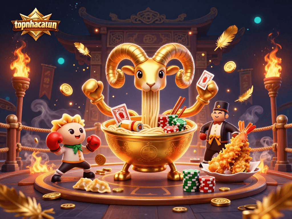 Engage in thrilling gameplay at topnhacaiuytinn with a vibrant scene featuring a golden ramen bowl dealing cards.