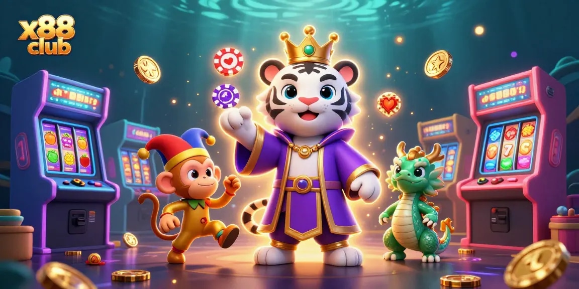 Experience action-packed gameplay with the x88 club featuring a lavish tiger, jester monkey, and dynamic game elements.