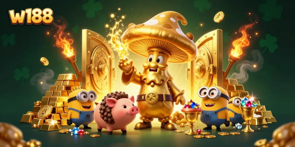 Engage with vibrant w188 fantasy illustration of a mushroom wizard and treasure, showcasing excitement and wealth.