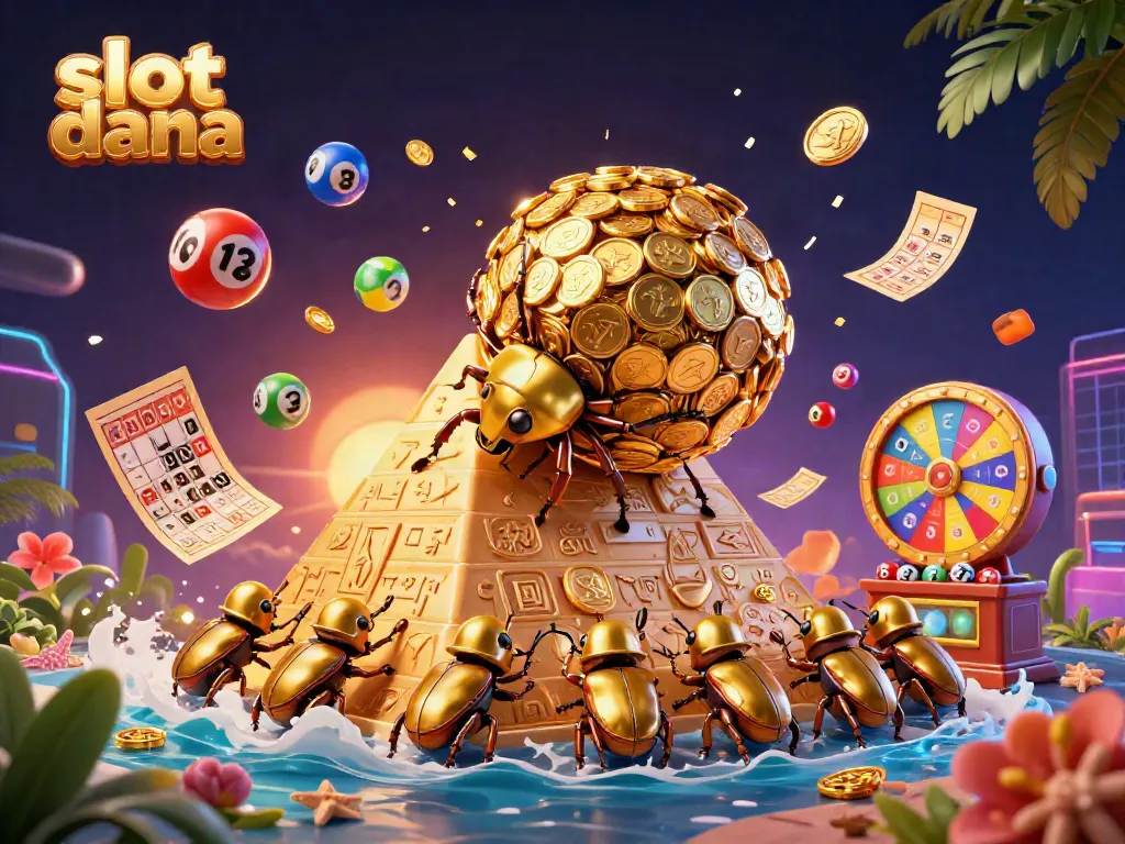 Experience the excitement of slot dana with a vivid 3D scene depicting golden beetles and dynamic casino elements.