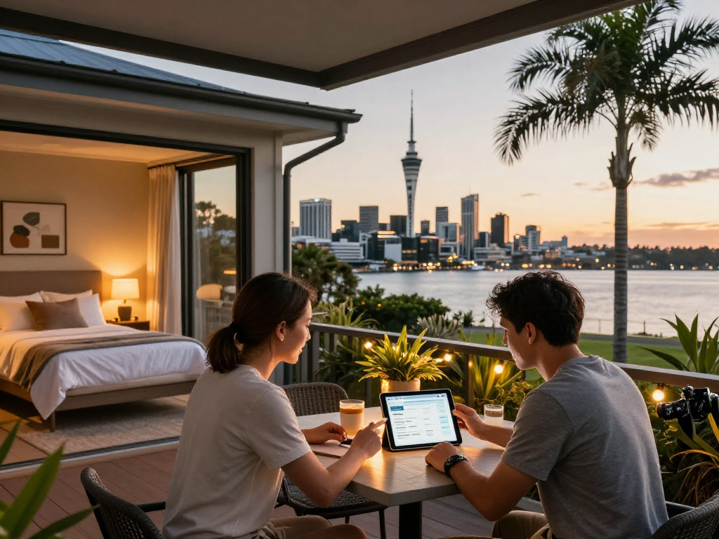 Ron and Sam managing airbnb management auckland at sunset, showcasing stylish rental and city views.