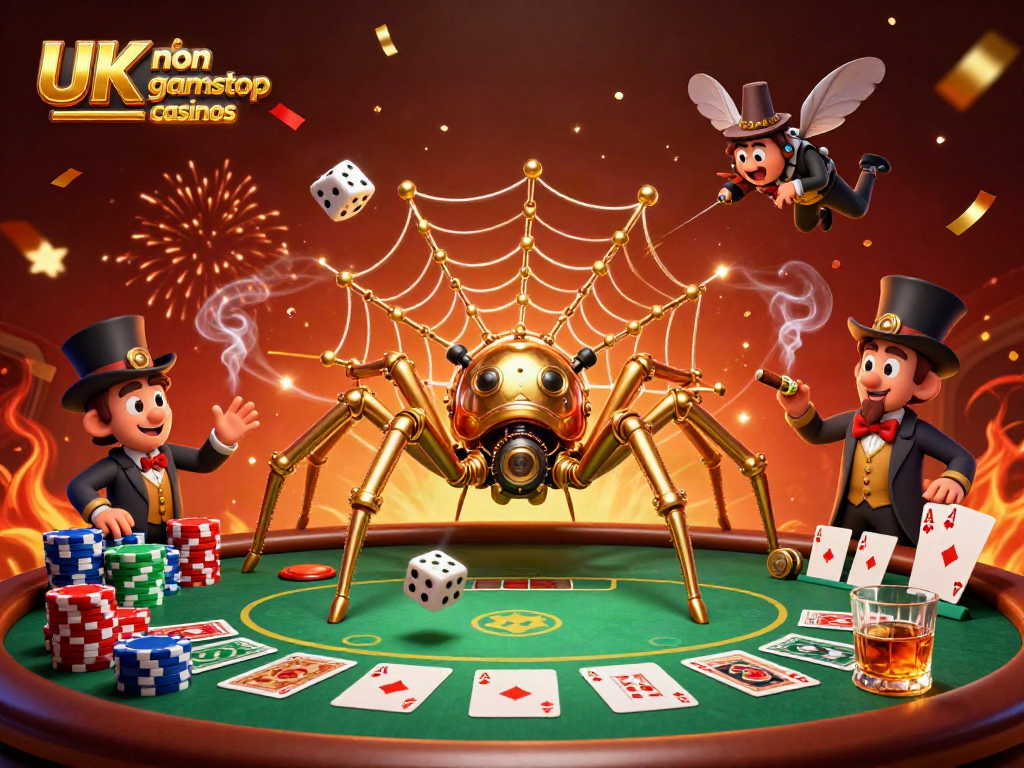 Engage with UK non gamstop casinos featuring a dynamic scene of a steampunk spider and poker theme.