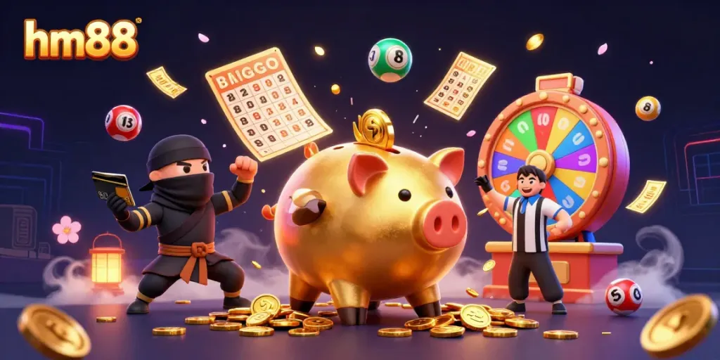 Experience excitement at hm88 with a dynamic 3D casino illustration showcasing action-packed characters and vibrant elements.