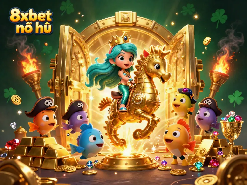 Experience the excitement of 8xbet nổ hũ with vibrant characters and dynamic casino elements surrounding a mermaid princess and her companions.