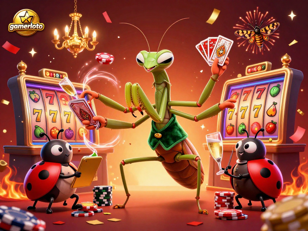 Experience the excitement of gamerloto with a vibrant casino illustration featuring a giant praying mantis card sharp and ladybug pit boss.