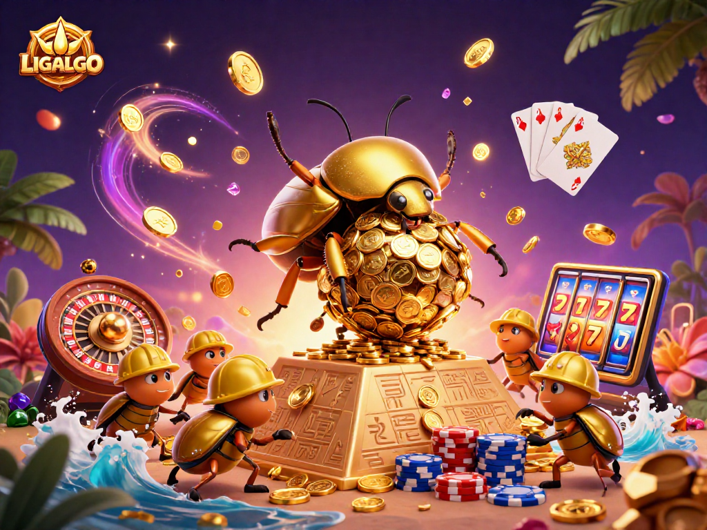 LIGALGO guides players through vibrant 3D illustrated casino action with golden coins and gaming elements.