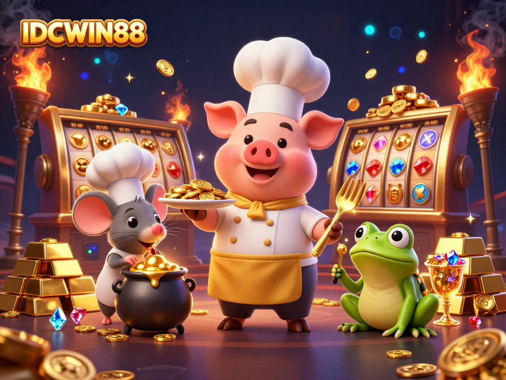 Experience thrilling gaming with IDCWIN88 in a vibrant casino scene featuring a chef, mouse, and frog.