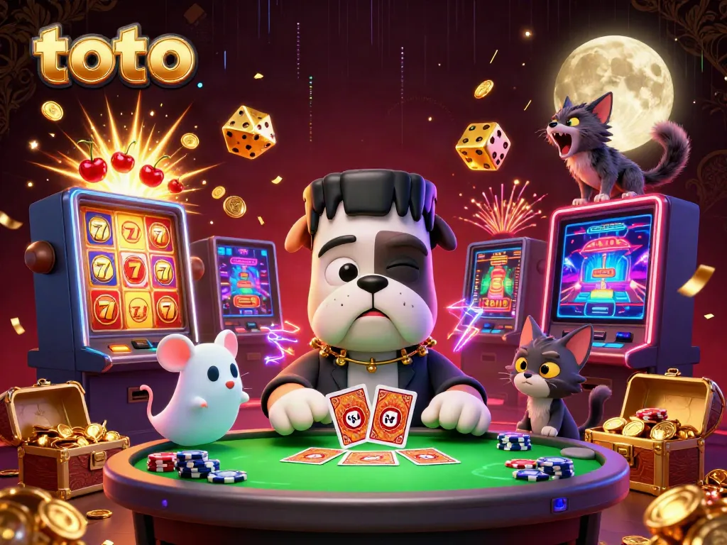 Toto-themed casino scene showcasing a Frankenstein bulldog and werewolf kitten surrounded by vibrant slot machines and gold.