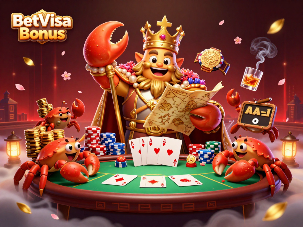 Experience the BetVisa Bonus with a dazzling scene of the crab emperor in a lively casino environment.