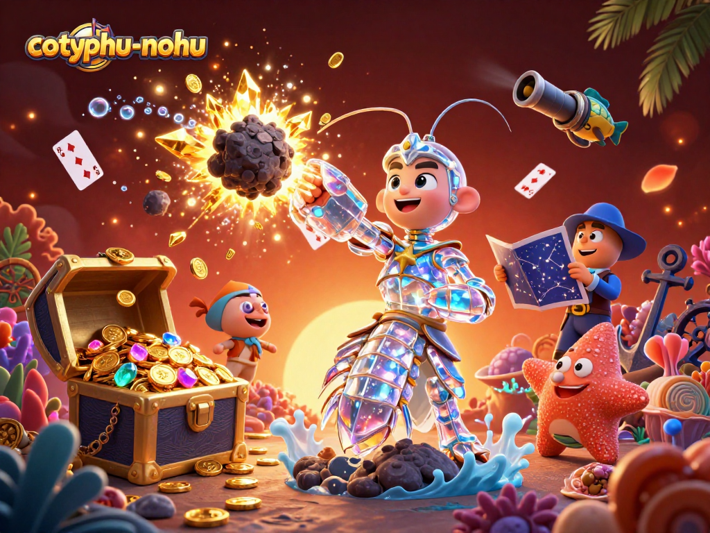 Experience the excitement of cotyphu-nohu as a galactic samurai shrimp conquers an asteroid in a treasure-filled scene.