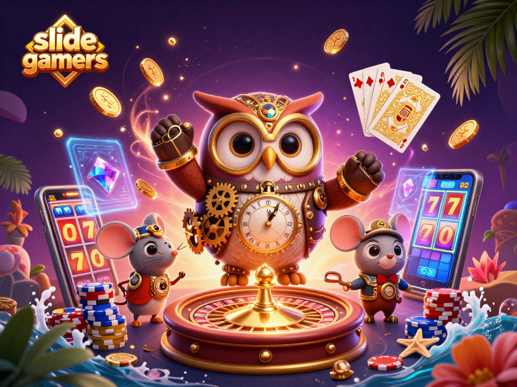 Engage with slidegamers in a vibrant 3D casino scene featuring an owl and mouse amid dynamic gaming elements.