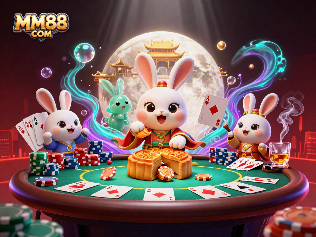 Experience thrilling gaming on MM88 COM with a lunar scene featuring poker chips and a festive atmosphere.