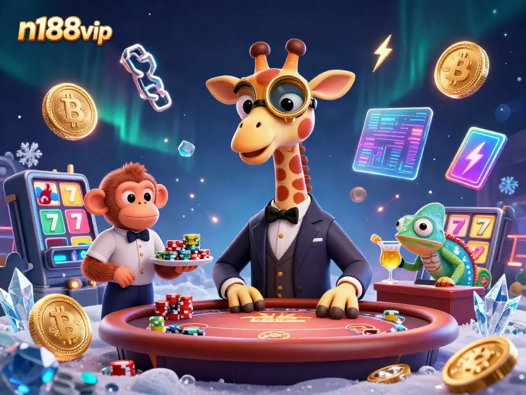 Experience the vibrant casino atmosphere at n188vip with a high-roller giraffe, monkey valet, and chameleon bartender.