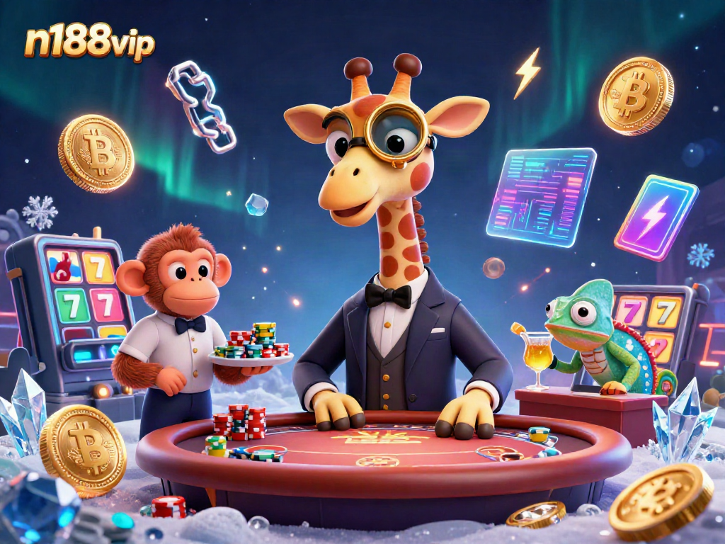 Experience the vibrant casino atmosphere at n188vip with a high-roller giraffe, monkey valet, and chameleon bartender.