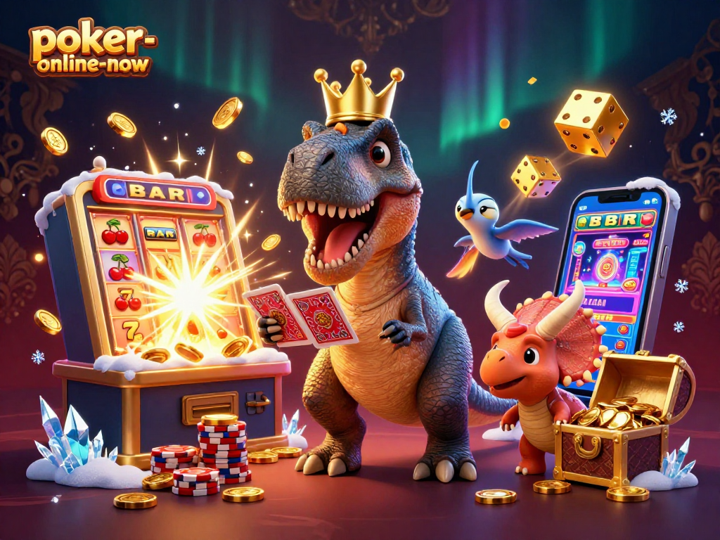 Experience the thrilling world of poker-online-now with friendly dino characters enjoying casino games and jackpots.