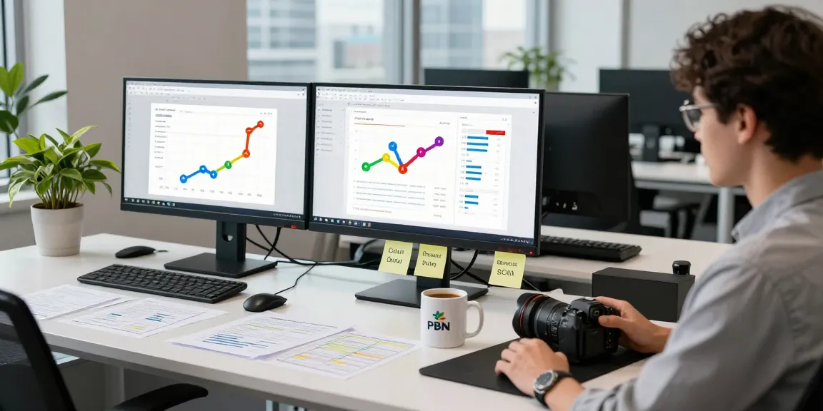 Aged domain PBN links analysis in a digital marketing workspace with SEO metrics, documents, and modern office elements.