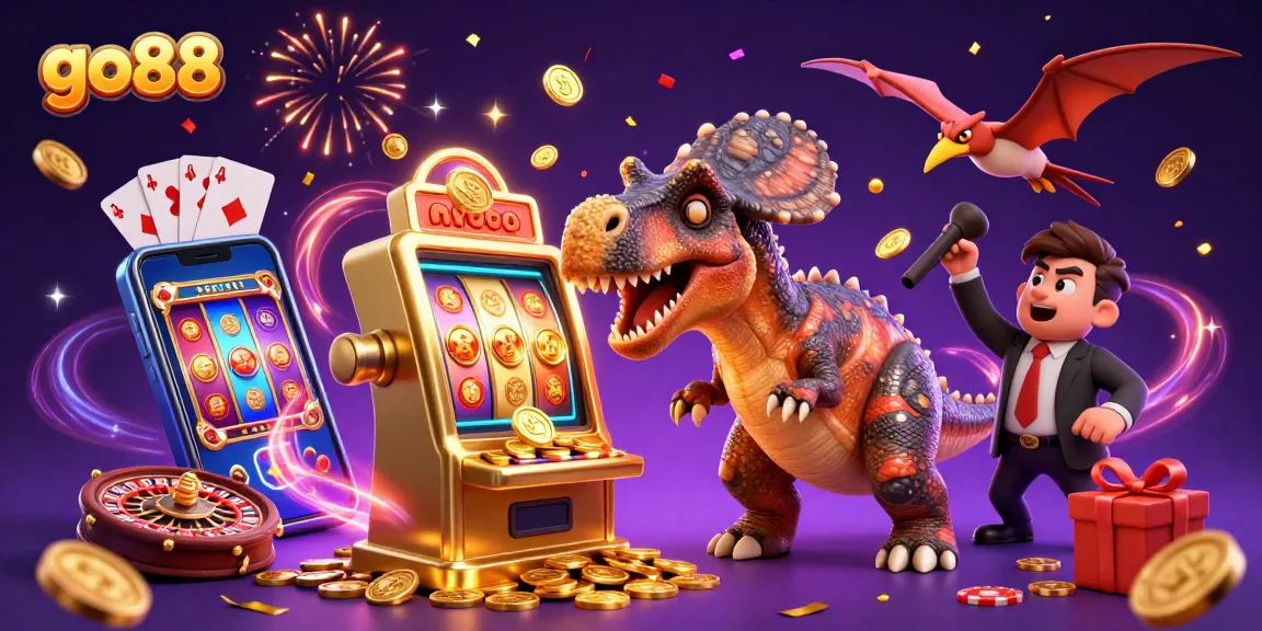 go88 features a pachycephalosaurus winning casino coins from a slot machine, with jubilant elements of play.