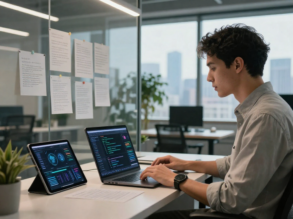 Data scientist analyzing juicy ai algorithms in a modern tech office.