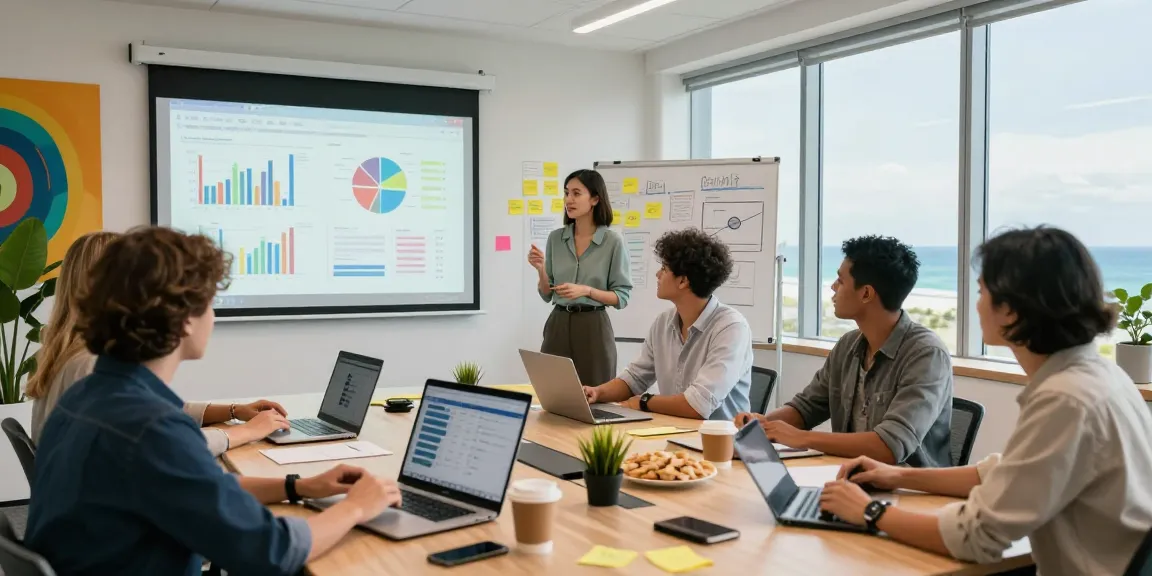 Marketing Agency Gold Coast team collaborating in a bright office setting with analytics and brainstorming.