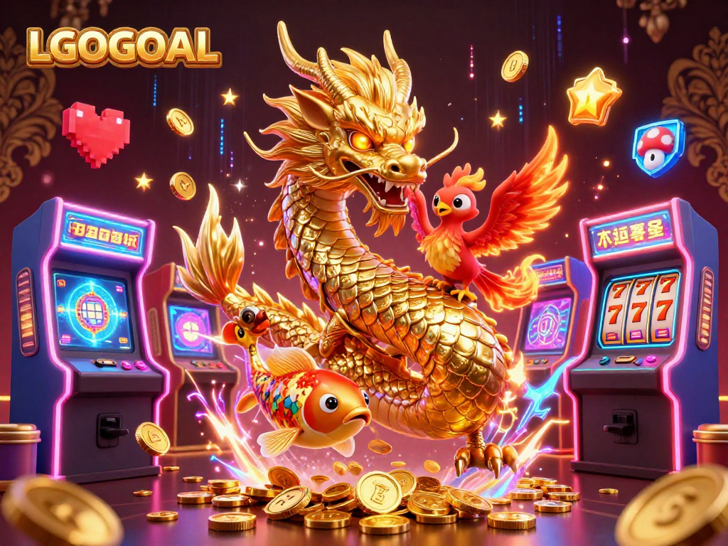 Experience the excitement of LGOGOAL with dynamic games and golden symbols in this vibrant scene.