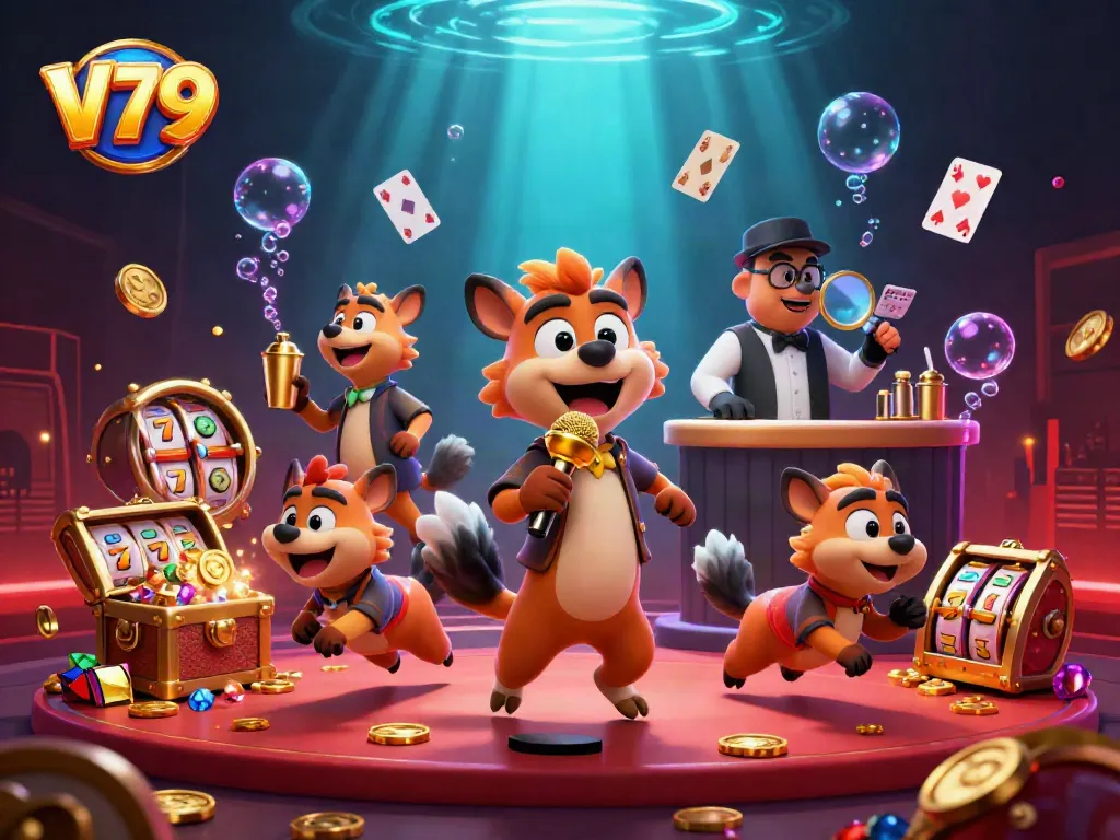 V79 gaming scene with hyenas as bartenders and comedians in a vibrant casino layout, capturing thrilling moments.