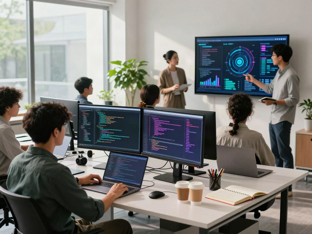 Collaborative tech professionals discussing juicy ai strategies in a bright workspace.