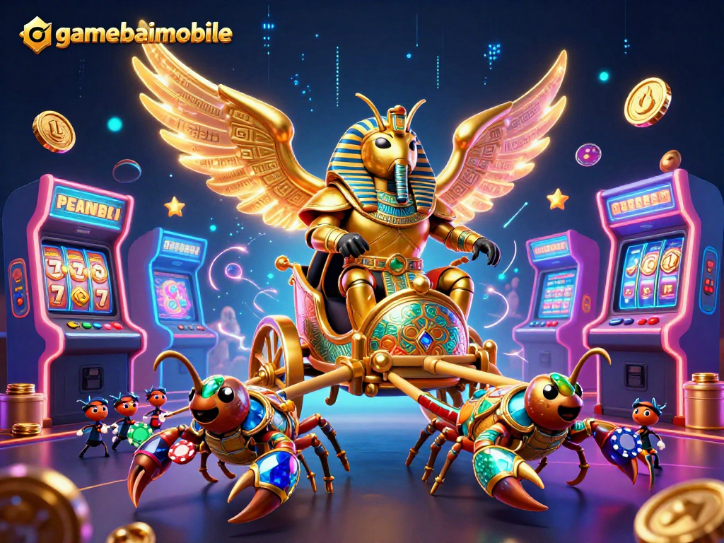 gamebaimobile features a lavish 3D illustration of casino characters and gaming elements.