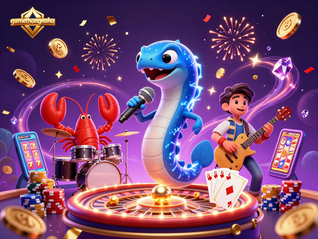 gamethuongnohu showcases a vibrant underwater casino concert with a DJ electric eel and musical sea creatures.