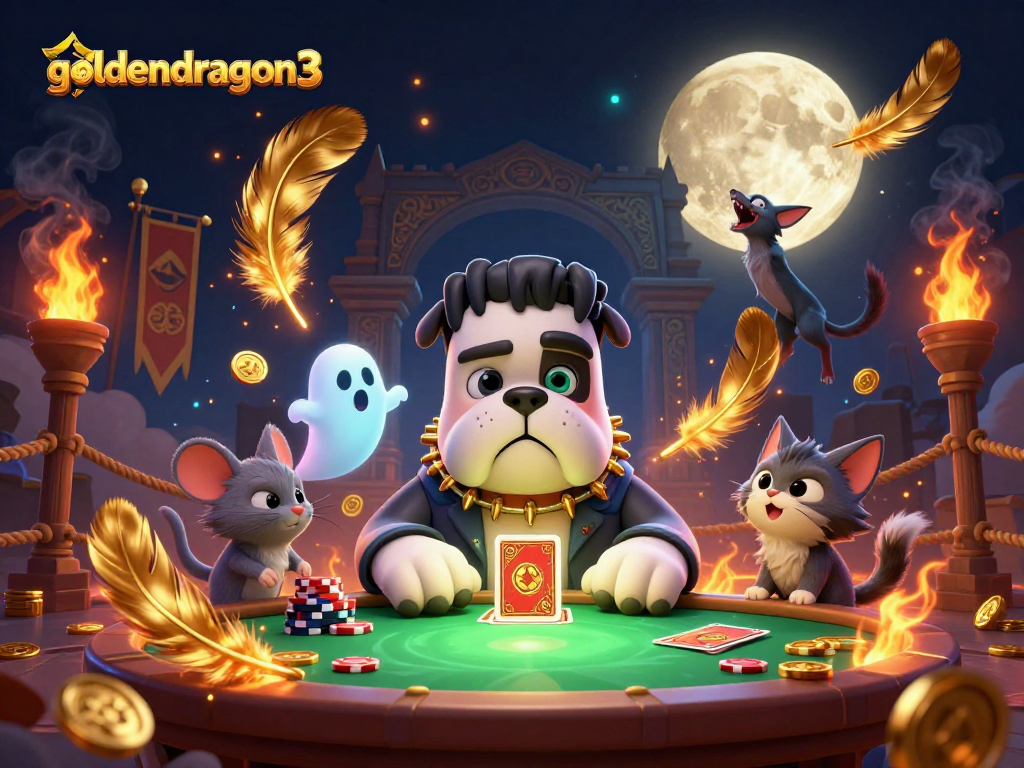 Experience the thrill of gaming at goldendragon3 with a spooky casino scene featuring a well-dressed Frankenstein bulldog dealer.