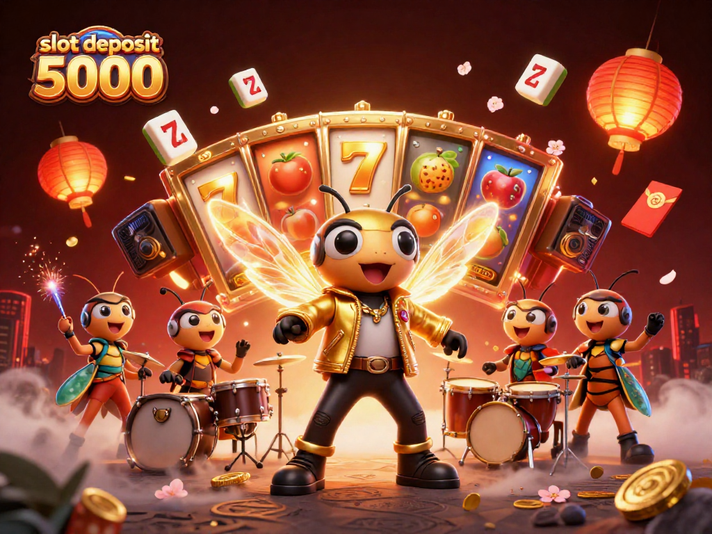 Engage with slot deposit 5000 featuring vibrant slot reels, a cicada rock star, and festive casino elements.
