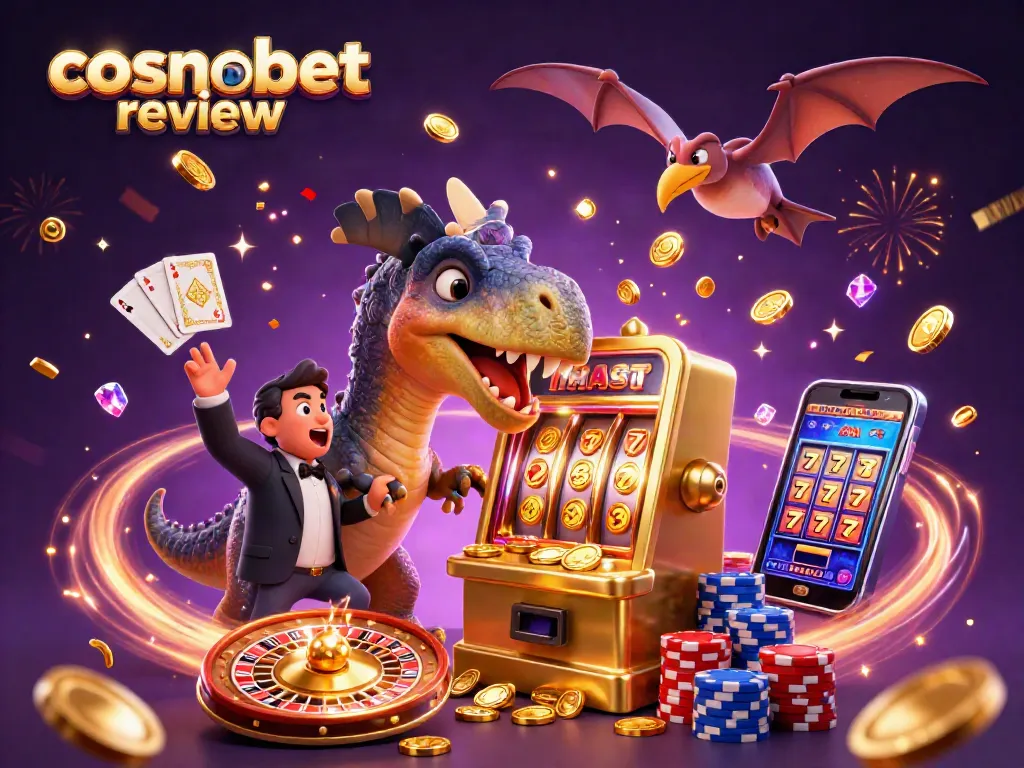 Experience the thrill in this cosmobet review scene with a dinosaur winning at slots!