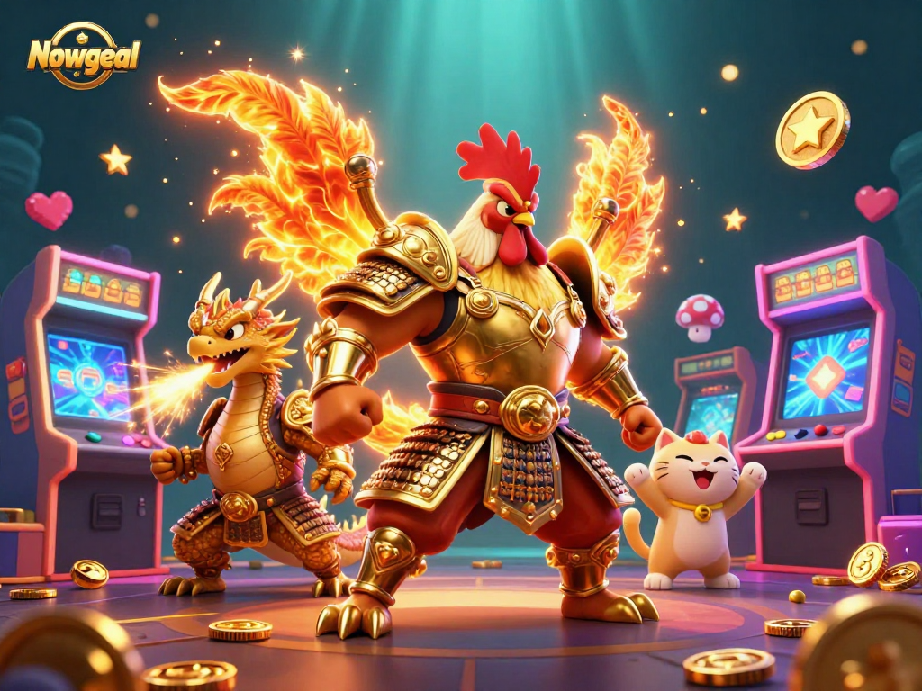 Bet on vibrant gaming action with Nowgoal, featuring a rooster warrior and dragon hatchling illustration.