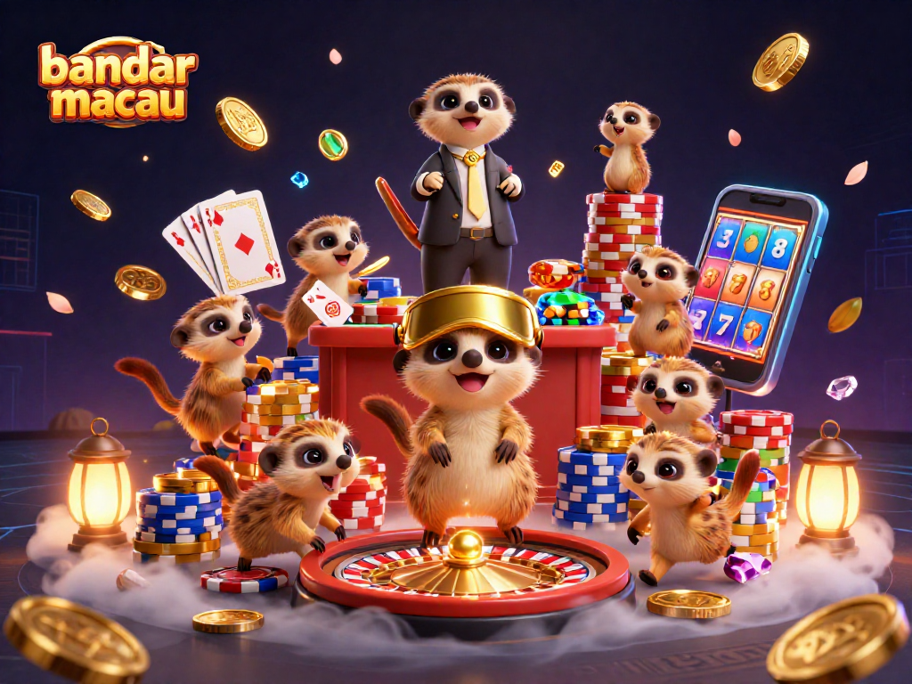 Experience excitement with bandar toto macau in a vibrant 3D casino scene featuring playful meerkats among dazzling game elements.