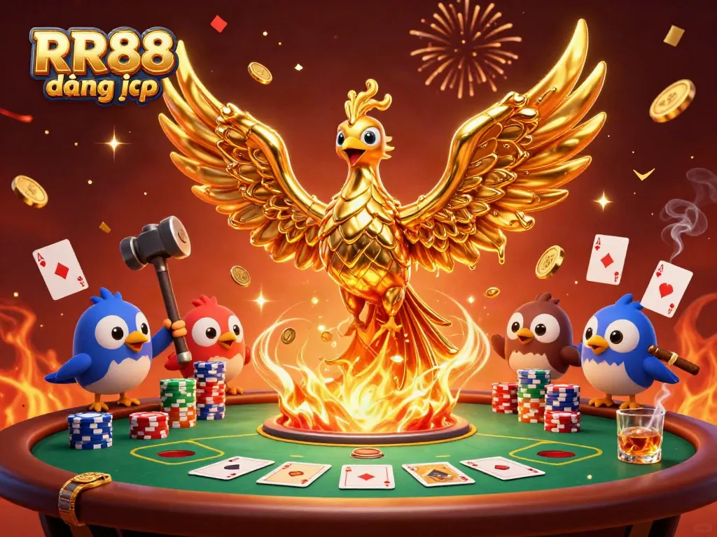 Win big with RR88 đăng nhập as the golden phoenix soars over a vibrant poker scene!