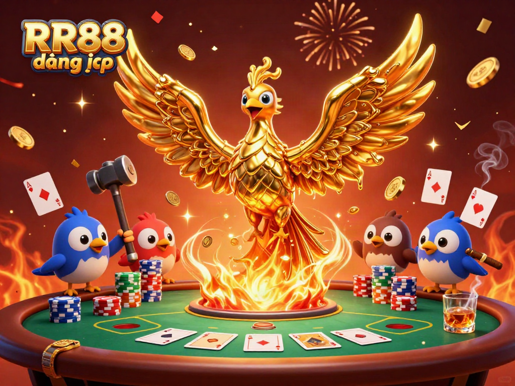 Win big with RR88 đăng nhập as the golden phoenix soars over a vibrant poker scene!