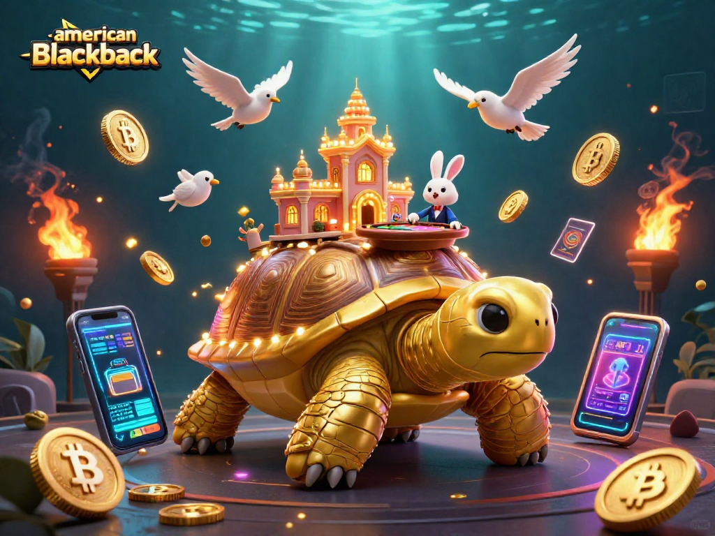 Experience the excitement of american-blackjack with a vibrant casino scene showcasing a golden tortoise, rabbit dealer, and glowing coins.