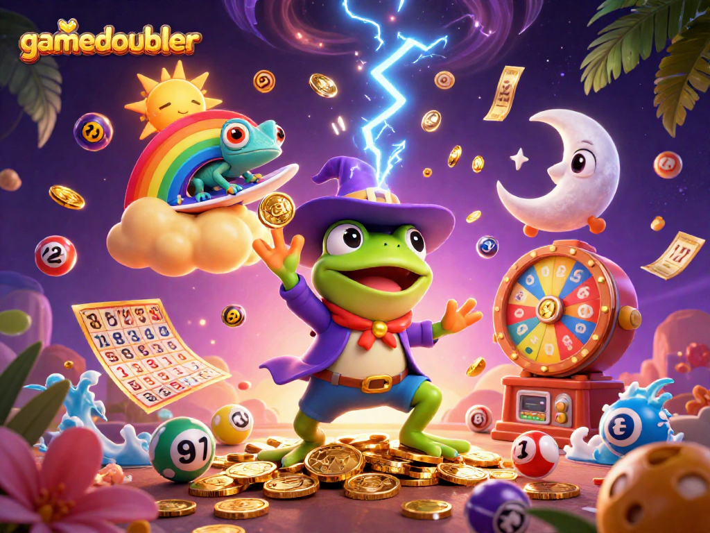 Experience gamedoubler's vibrant world with a wizard frog and chameleon amidst dazzling casino elements.