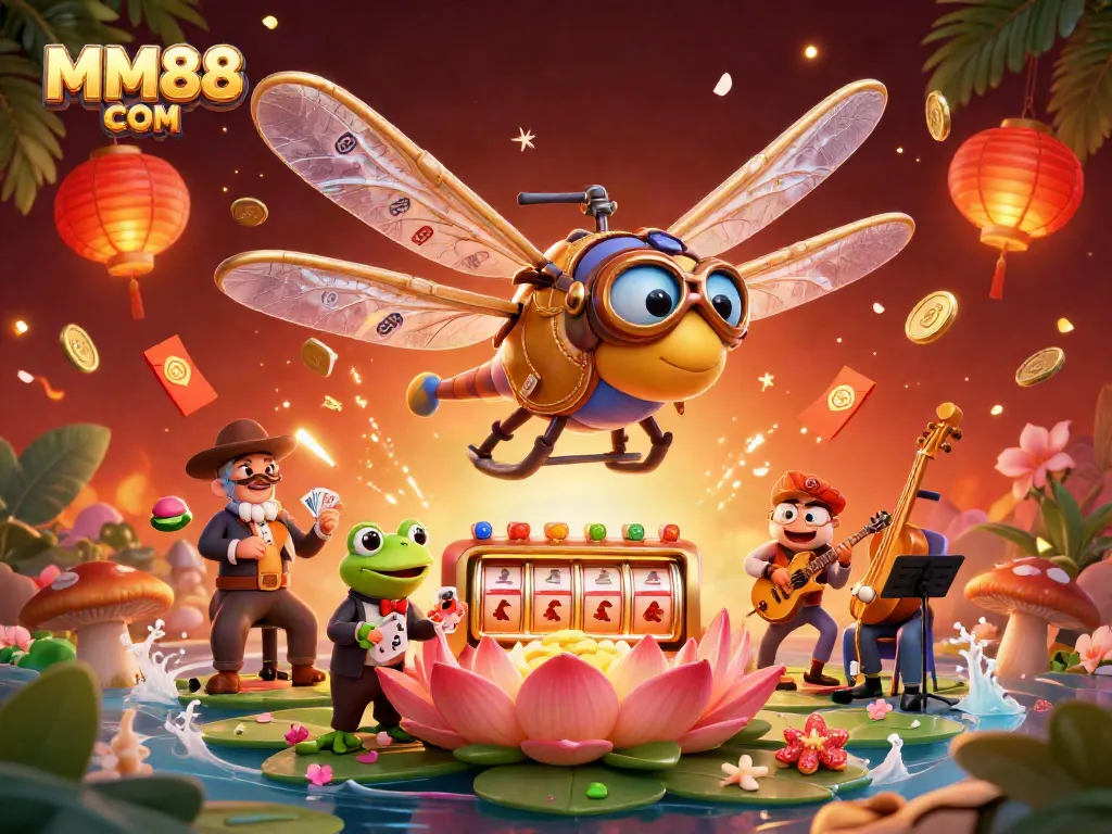 Engage with MM88 COM in a vibrant casino scene featuring a dragonfly pilot and frog croupier.