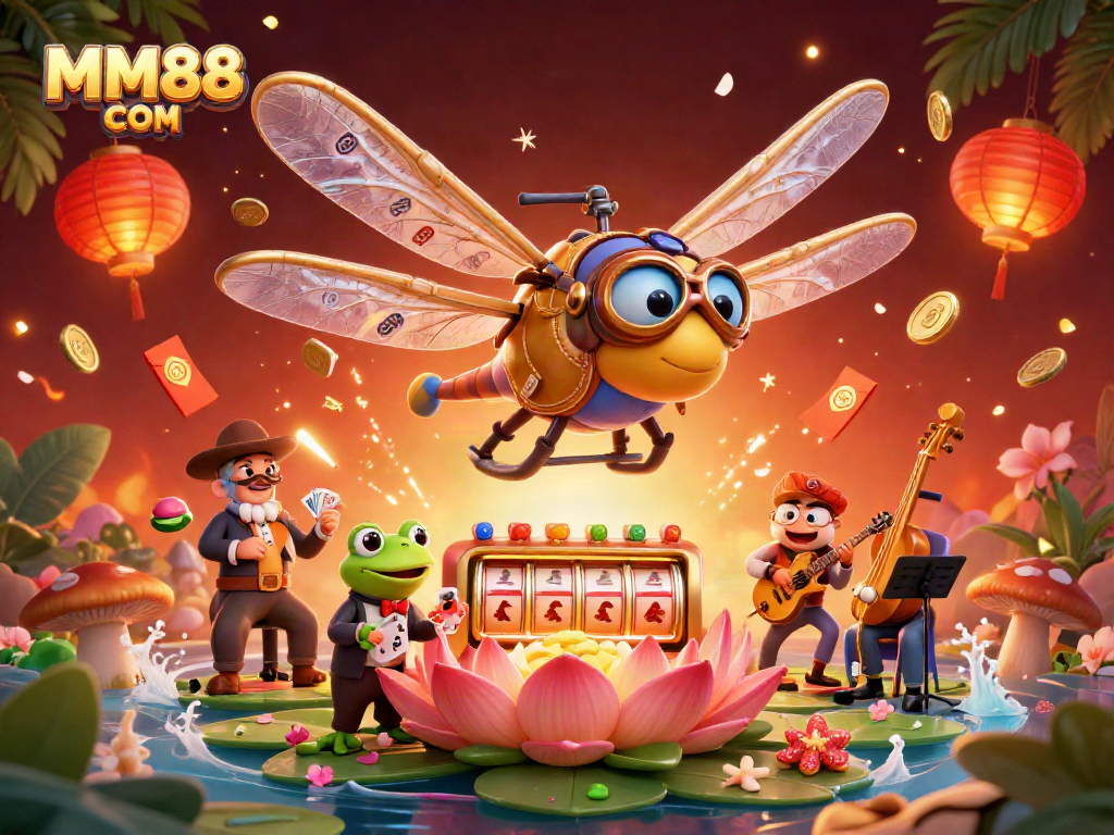 Engage with MM88 COM in a vibrant casino scene featuring a dragonfly pilot and frog croupier.