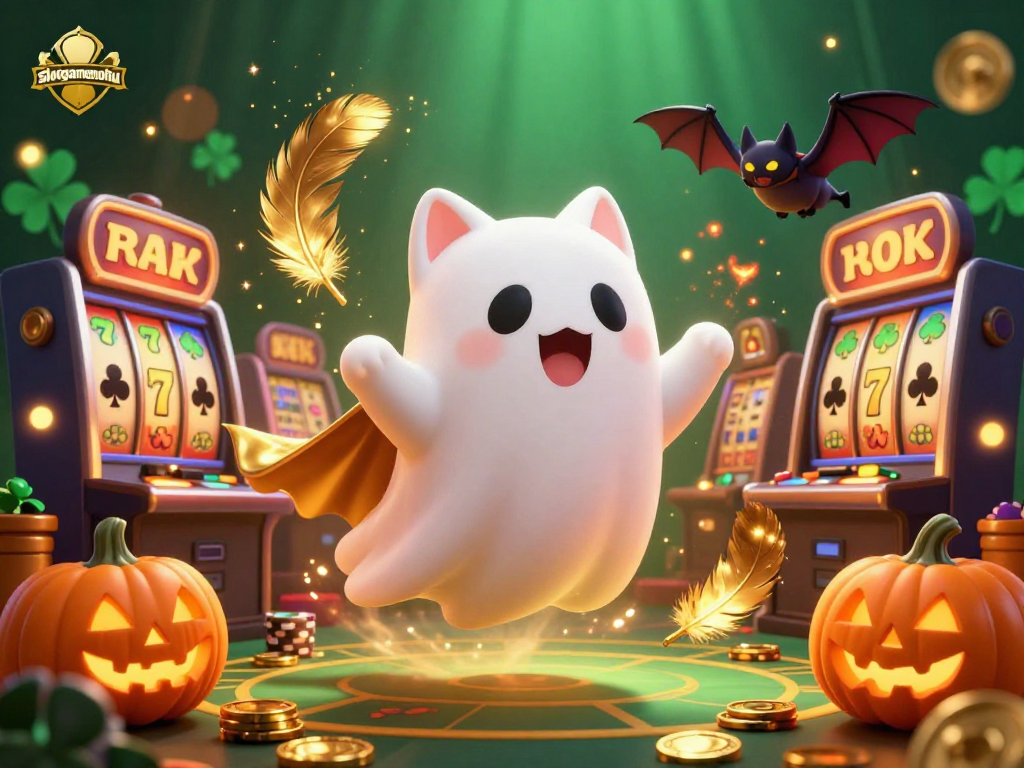 Engage with slotgamenohu's thrilling casino adventure featuring a ghost cat, bat, and glowing jack-o-lanterns.