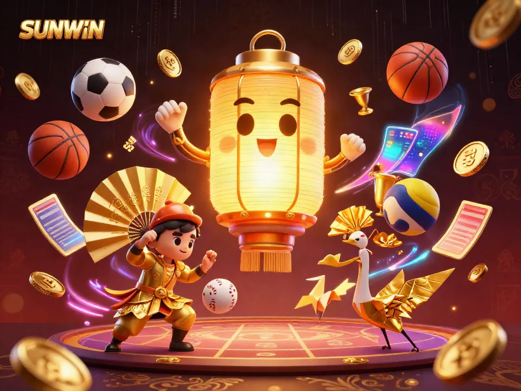 Experience the thrilling energy of SUNWIN: a dynamic illustration of a golden lantern spirit above a vibrant casino scene.