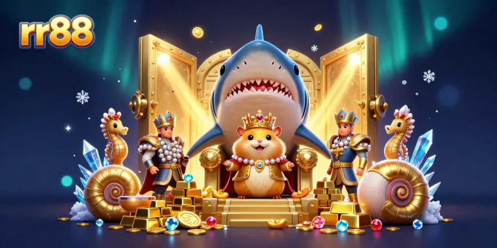 Experience rr88's vibrant casino world with a golden hamster king and treasures galore.