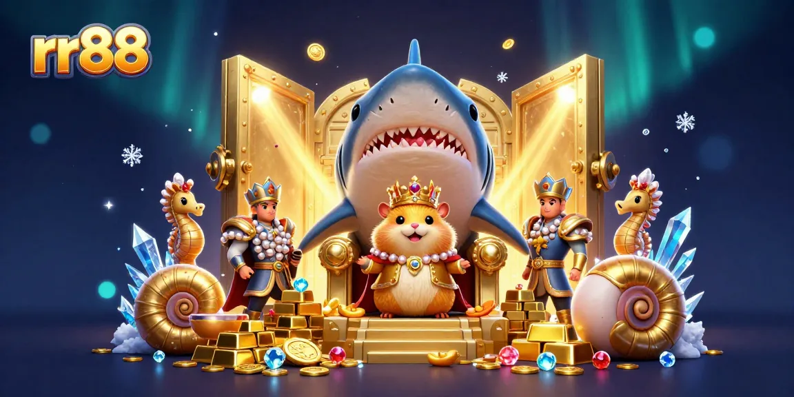 Experience rr88's vibrant casino world with a golden hamster king and treasures galore.